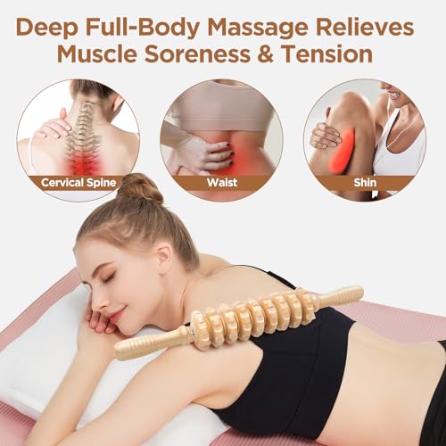 Wooden Cellulite Muscle Roller for Legs and Thighs - Handheld Fascia Blaster Tool for Muscle Relief, Lymphatic Drainage & Body Sculpting - Anti Cellulite Massager for Women and Men (9 Wheel)