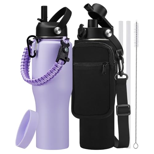 32oz Insulated Bottle with Straw - Spout Lid – Leak Proof Insulated Tumbler - color: Light Purple, size: 32 Ounces