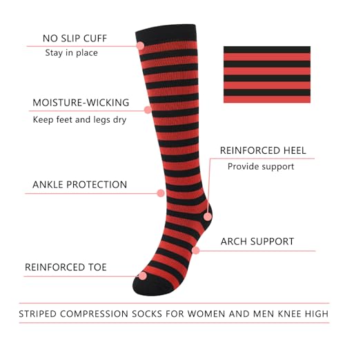 Junely Compression Socks for Women Knee High Striped Polka Dot Stockings - color: A3-red and Black