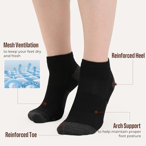 BAMBOO COOL Athletic Ankle Socks Womens Moisture-Wicking 5/6 Pairs - color: Black*6, size: Large