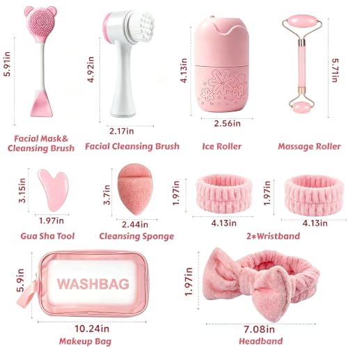 Skincare Tools Set with Face Cleansing Brush, Ice Face Roller & Gua Sha Set - color: Pink