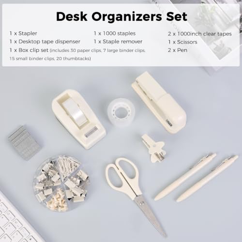 SKYDUE Office Supplies Set, Stapler and Tape Dispenser Set,10PCS - color: Beige