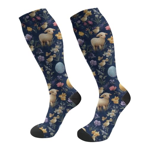 FREEHOTU Compression Knee High Socks for Women/Men Circulation 15-20 Mmhg - color: Easter Eggs Lambs