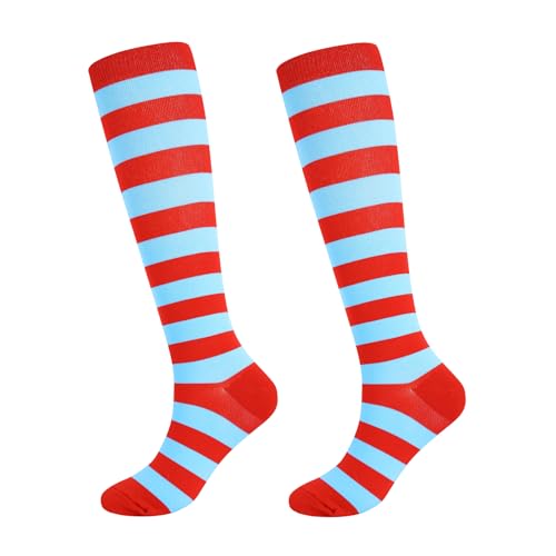 Junely Compression Socks for Women Knee High Striped Polka Dot Stockings - color: Red Blue