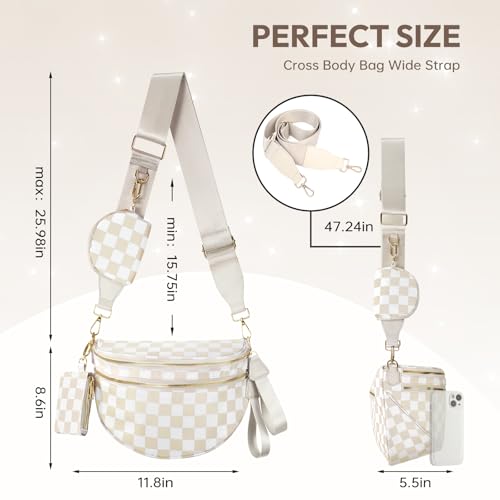 Cross Body Bag for Women Bum Bag Checkered Belt Bags Fanny Packs for Girls Travel Purse Fashion Waist Packs Crossbody Nylon Purse Trendy Shoulder Bags for Womens - color: Checkered Beige