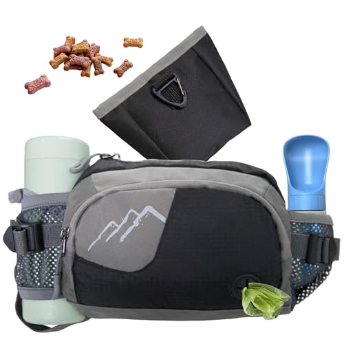 Dog Walking Fanny Pack with Removable Treat Pouch & 2 Retractable 300ml Water Bottle Holders, No Spill Magenetic Clasp - Hands-Free Pouches Training Waist Bag for Dog Owners, Poop Bag Dispenser