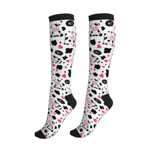 Tie Dye Compression Socks Knee High Support Socks For Women Men Running Athletic Hiking - color: Cow
