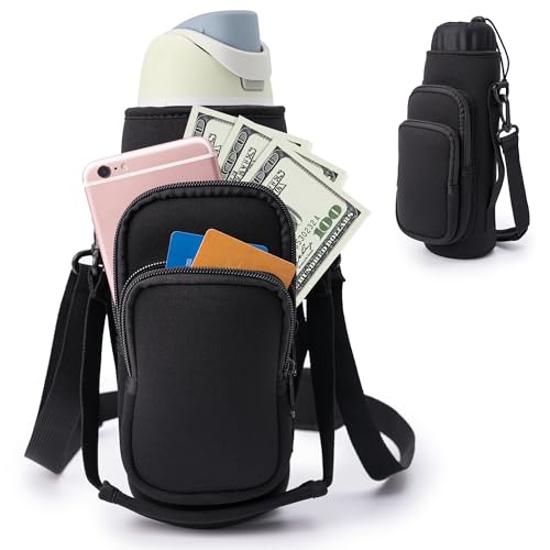 linmaya Water Bottle Carrier Bag,Water Bottle Holder with Straps Phone Pockets Fits Stanley IceFlow Owala 16/24/32/40oz Tumbler - color: Black, size: 16-40 Oz wihtout Handle