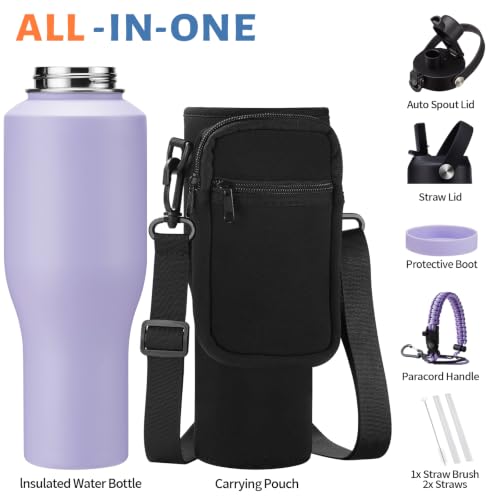 40 oz Insulated Bottle with Straw & Spout Lid – Leak Proof fit Cup Holder - color: Light Purple, size: 40 Ounces