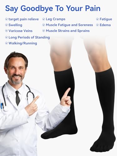 Compression Toe Socks for Men and Women 15-20mmHg, 3 Pairs, Knee High Five Finger Stockings - color: 04-beige-3pcs, size: Large