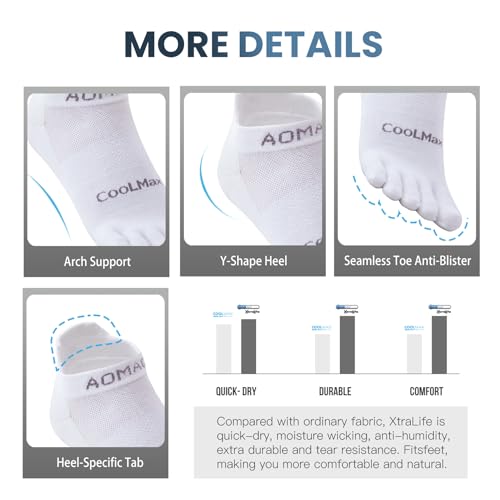 Toe Socks for Men and Women Athletic Running Coolmax Five Finger Ankle/Quarter Socks Breathable Lightweight, 3 Pairs - color: E4110# White, size: Large