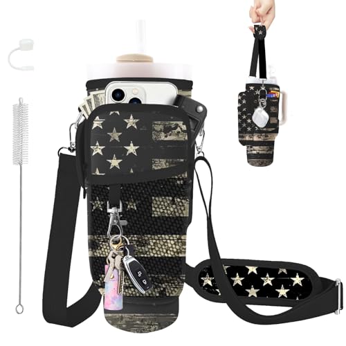 Water Bottle Carrier Bag for Stanley Cup 40/30oz, Neoprene Water Bottle Holder Pouch with 3 Pocket Adjustable Shoulder & Hand Strap - color: Retro Camo American Flag