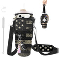 Water Bottle Carrier Bag for Stanley Cup 40/30oz, Neoprene Water Bottle Holder Pouch with 3 Pocket Adjustable Shoulder & Hand Strap - color: Retro Camo American Flag