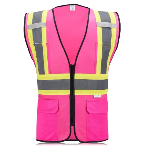 High Visibility Reflective Safety Vest with Zipper and Pockets Pink,L - color: Pink, size: Large