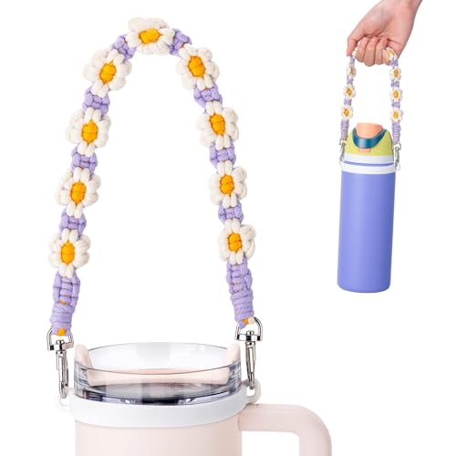 Water Bottle Handle Strap for Stanley Cup, Owala and Most 12-40oz Bottles - color: Daisy Purple