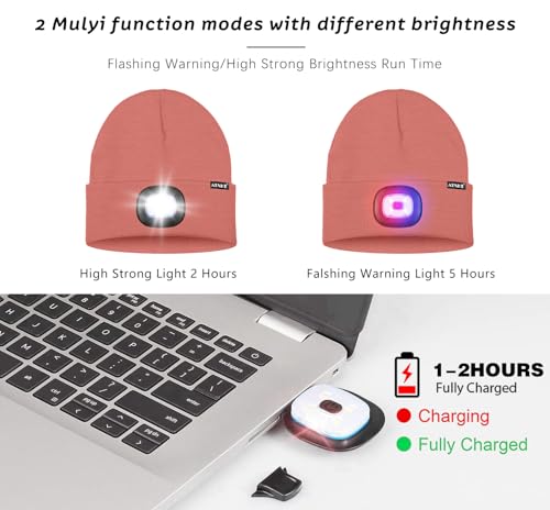 ATNKE LED Lighted Beanie Hat,USB Rechargeable 4 LED Red and Blue Flashing Running Headlamp Cap Gifts for Men and Women - color: #Bean Paste Powder