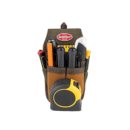 Bucket Boss Four-Barrel Tool Sheath with FlapFit to Fit Instantly Over a Belt or Into a Pants Pocket, with 5 Tool Pockets and 2 Loops, and Metal Tape Clip, in Brown, 54184