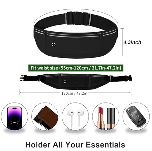 Slim Running Belt Fanny Pack for Men Women, Adjustable Running Phone Holder with 3 Pockets, Reflective Fitness Fanny Pack for Phones up to 7.2 inch, Water Resistant Sports Waist Bag, Black - color: Black