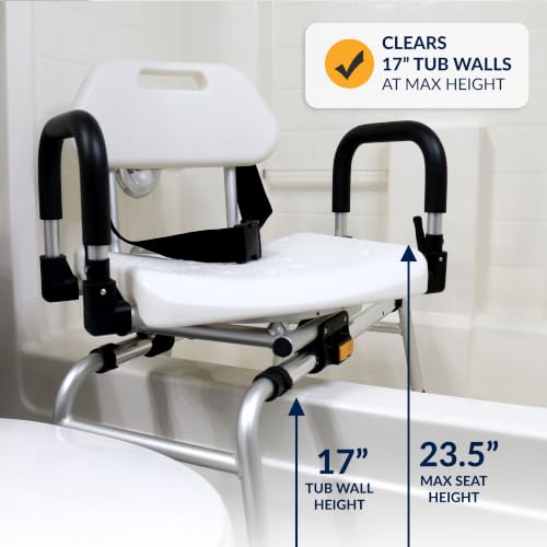 DMI 360 Max Comfort Swivel Shower Chair & Transfer Bench, Extra-Wide 360lb Capacity, Non-Slip & Padded Arms, Bonus Adjustable Back Scrubber - style: Sliding + 360° Swivel