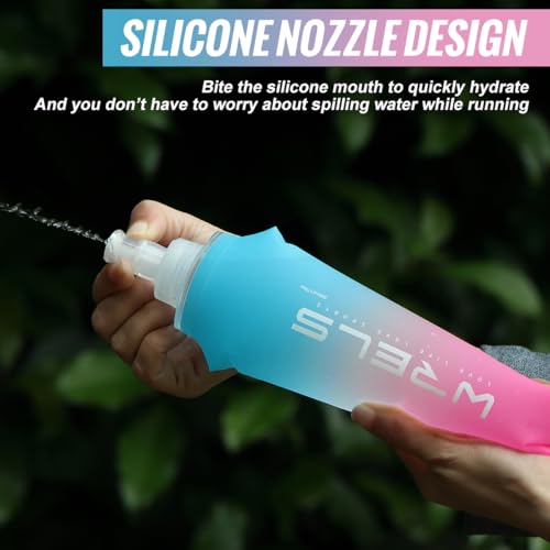 WRELS TPU Soft Flask Lightweight Portable Reusable Water Bottle,BPA Free Collapsible Flask for Hydration Pack in Running Hiking Cycling and Marathon - color: Blue-pink-250ML*2