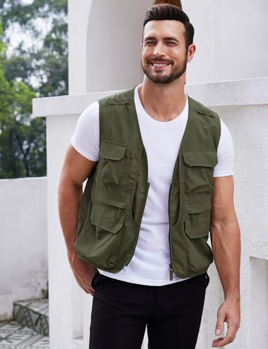 Gihuo Mens Fishing vest for Safari Utility Cargo with Pockets - color: Armygreen, size: Medium