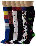 Different Touch 6 Pairs Pack Women Travelers, Anti-Fatigue, Graduated Compression Knee High Socks 9-11 - color: Assorted Printed #C