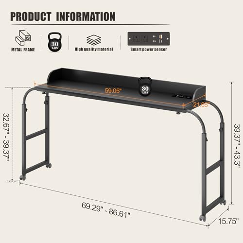 HWB Bed Table Desk with Wheels & Adjustable Height, LED Lights - color: Carbon Black
