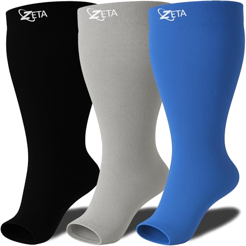 Zeta Wear Plus Size Compression Socks for Women and Men, Wide Calf Knee-High 15-19 mmHg Graduated Support, Easy-On Cuff, Fits Calves to 26 inch / 66 cm - color: 3 Pair - Black/Blue/Gray, size: 3XL