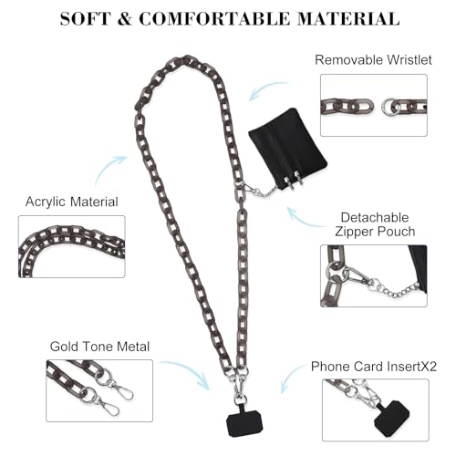 Long Keeper Phone Crossbody Chain Acrylic Phone Lanyards with Zipper Wallet Women Cellphone Strap Wrist Bracelet Purse Strap - color: Transparent Gold Beige