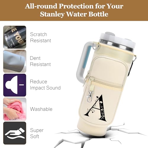 Initial Water Bottle Holder with Strap for Stanley Cup 40 oz Tumbler - color: White, style: S