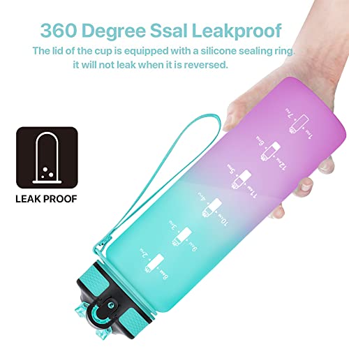 EYQ 32oz Water Bottle with Straw, Sports Bottle with Time Marker - color: 5.Green/Purple Gradient