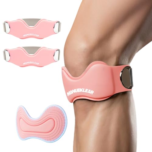MANUEKLEAR V-Shaped Patella Bands, Adjustable Flex Wrap Patellar Tendon Support Strap for Men Women, Silicone Patella Knee Straps Suitable for Pain Relief Running Hiking Basketball, (2pcs) - color: Pink