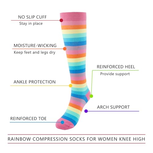 Junely Compression Socks for Women Knee High Striped Polka Dot Stockings - color: Rainbow Pink