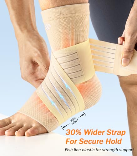 Low-Profile Ankle Braces for Women & Men, Customizable Ankle Compression Sleeve w/Wide Strap, Foot Support Wrap for Plantar Fasciitis Pain Relief, Achilles Tendonitis, Sprain, Beige, 1 Pair, S