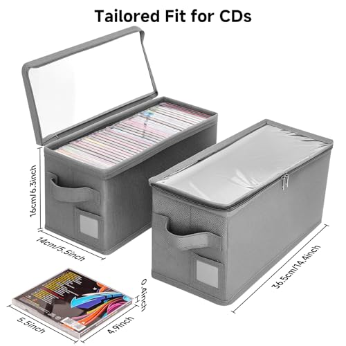Stackable CD Holder & Storage Case - CD Storage Box Organizer with Lid & Handle - Dustproof CD Container with Clear PVC Top - 2Pack (Gray) - size: CD-2Pack