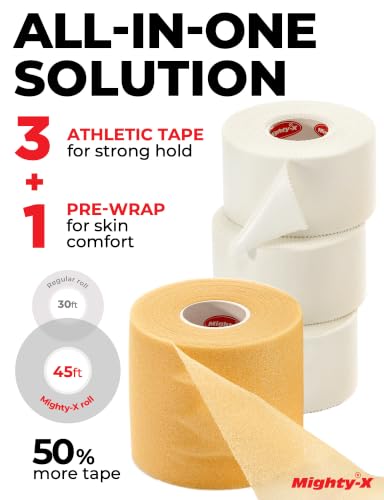 Premium White Athletic Tape for Injuries - 3 Pack with Pre-wrap - Easy Tear & No Sticky Residue - Sports Zinc Oxide Tape - Ankle, Wrist, Fingers - Ideal for Soccer, Gymnastics, Boxing