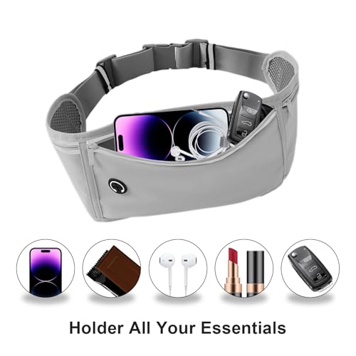 Slim Running Belt for Women Men, Runners Fanny Pack Phone Holder, Money Belt, Running Gear Accessories, with 3 Pockets, Light Gray - color: Light gray