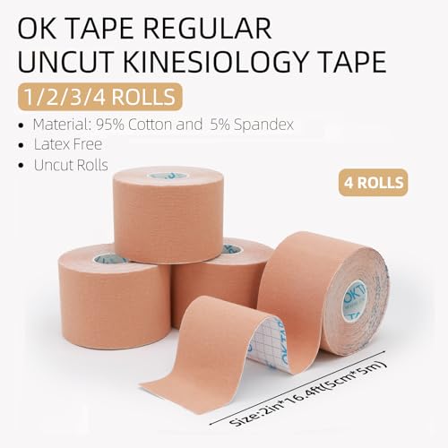 OK TAPE Kinesiology Tape (4 Pack) Latex Free Cotton Uncut 2in x 16.4ft - color: Beige, size: 4 Rolls