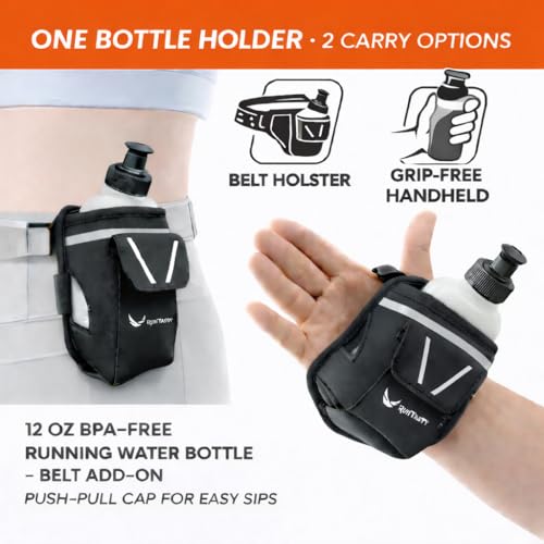 2-in-1 Running Fun: Handheld 12 Oz Water Bottle & Running Belt Add-On. No-Grip Design Straps on Hand & Slides on Belt. Waterproof Pocket for Money, Keys. Maximize Time, Freedom & Health - color: Stylish Black