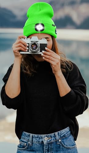 ATNKE LED Lighted Bluetooth Beanie Hat,USB Rechargeable 4 LED Wireless Music Running Headlamp Cap Gift for Men and Women - color: #Fluorescent Green