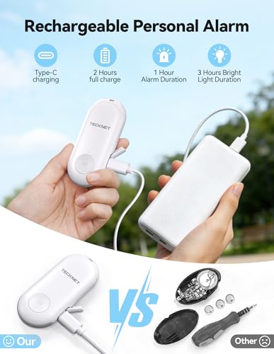 TECKNET Personal Safety Alarm, Rechargeable Personal Alarms for Women, 130dB Extra Loud Siren & Strobe Light Travel Safe Self Defense Alarm, Gift for Women, College Girls, Teenagers, Seniors(White) - color: White