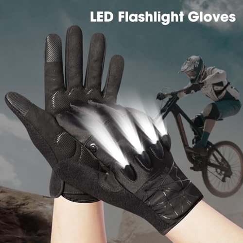 Rechargeable 4 LED Flashlight Full Finger Cycling Gloves for Men,Size XL - color: Black, size: Xlarge