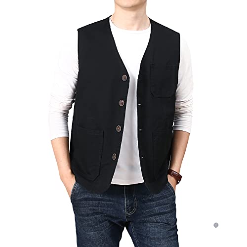 PRIJOUHE Mens Casual Cotton Vest Lightweight Outdoor Fishing Utility Vest - color: 02-black, size: Medium