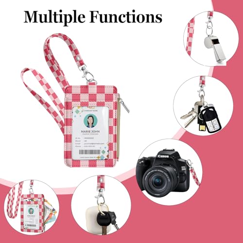 bolimoss Checkered Lanyard Wallet with Id Badge Holder Slim Keychain Wallet for Women Zip Card Holder with ID Window, 5 Card Slots, Side Zipper Coin Purse, Detachable Neck Strap - color: Rose Red Checkerboard