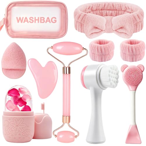 Skincare Tools Set with Face Cleansing Brush, Ice Face Roller & Gua Sha Set - color: Pink