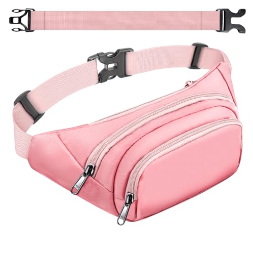 Large Fanny Pack for Women Men - Syican Waist bag with 3-Zipper Pockets - color: Pink+Extended Belt