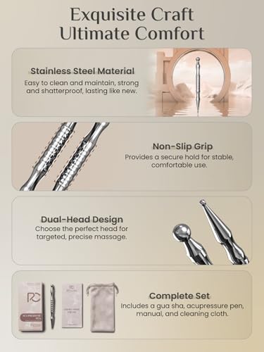 Rena Chris Stainless Steel Acupuncture Pen, Manual Reflexology Tools for Muscle Tension and Pain Relief, Acupressure Pen with Reflexology Chart & Storage Pouch, Easy to Use - size: 1PCS