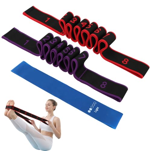 2 Pack Resistance Bands with Loops, Numbered 8-Loop Yoga Stretch Strap for Stretching, Pilates, Flexibility and Home Gym Workout, Includes Extra Elastic Loop Band