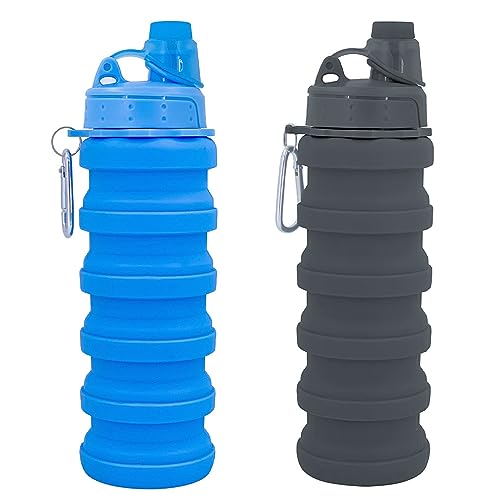 Collapsible Water Bottles Travel water bottle Sports Portable Sport Water Bottle Reusable Water Bottles comes with mountaineering Buckle 500ml silicone Water-proof camping water bottle - color: Blue+Grey, style: 2 pack
