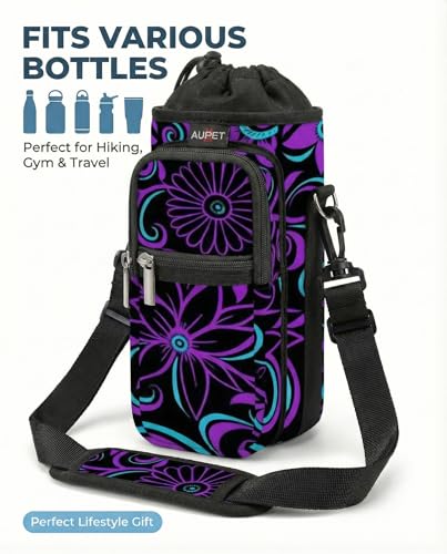 AUPET Water Bottle Sling Bag Sleeve Holder Carrier 25/32/40/64 oz,Insulated Crossbody Water Bottle Case Cover with Strap and Pockets for Men/Women Walking Hiking - color: purple flower, size: 25oz